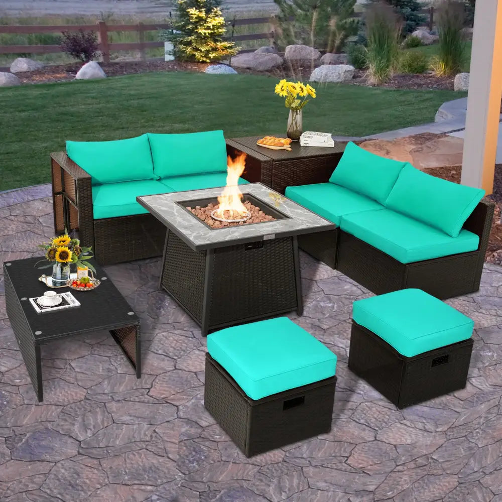 9 Pieces Patio PE Wicker Sectional Set with 50000 BTU Fire Pit Table-Turquoise - Turquoise - Outdoor Sectionals