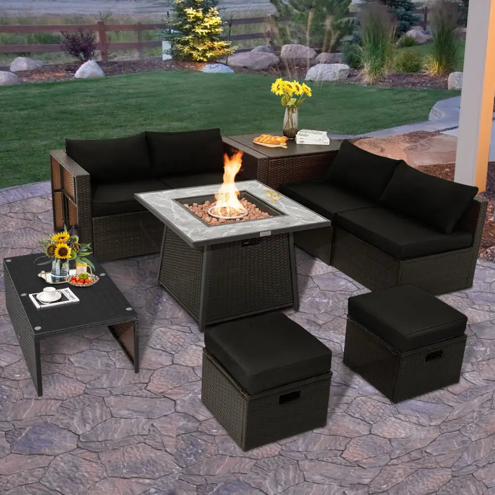9 Pieces Patio PE Wicker Sectional Set with 50000 BTU Fire Pit Table-Black - Black - Outdoor Sectionals