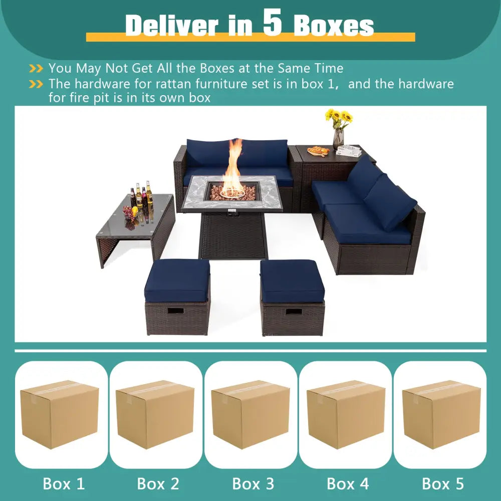 9 Pieces Patio PE Wicker Sectional Set with 50000 BTU Fire Pit Table-Navy - Navy - Outdoor Sectionals