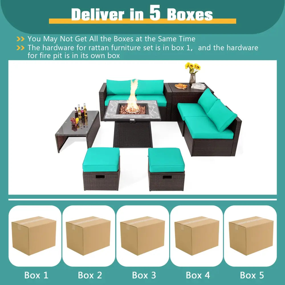 9 Pieces Patio PE Wicker Sectional Set with 50000 BTU Fire Pit Table-Turquoise - Turquoise - Outdoor Sectionals