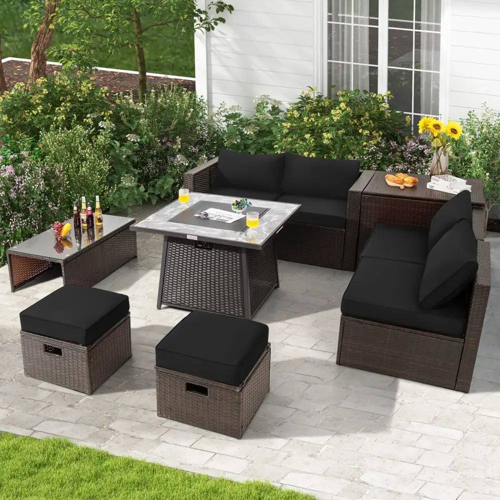 9 Pieces Patio PE Wicker Sectional Set with 50000 BTU Fire Pit Table-Black - Black - Outdoor Sectionals