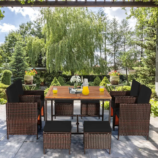9 Pieces Patio Rattan Dining Cushioned Chairs Set-Black - Black - Patio Dining Sets