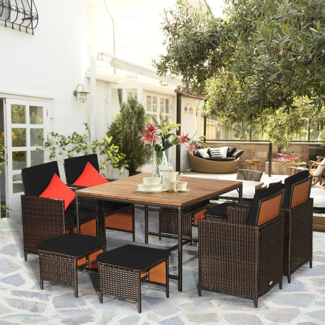 9 Pieces Patio Rattan Dining Cushioned Chairs Set-Black - Black - Patio Dining Sets