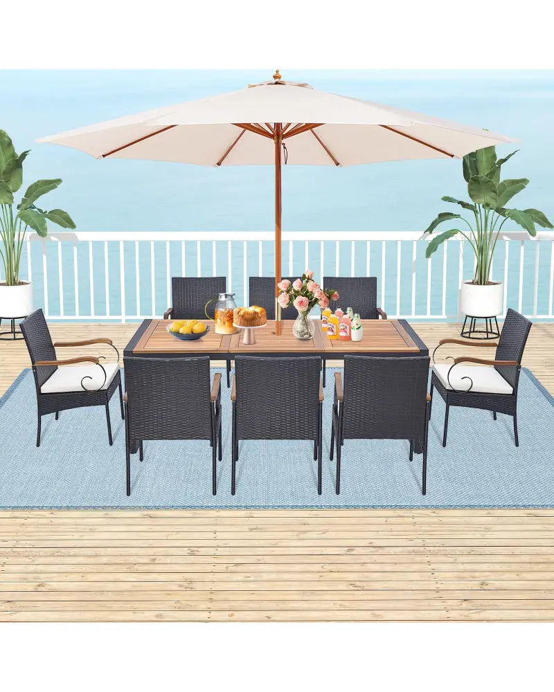 9 Pieces Patio Rattan Dining Set with Acacia Wood Table for Backyard Garden-Curved Handrail - Brown - Patio Furniture