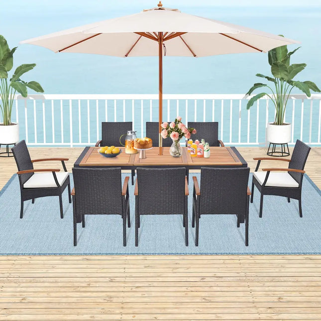 9 Pieces Patio Rattan Dining Set with Acacia Wood Table for Backyard Garden-Wood Handrail - Brown - Patio Furniture Sets