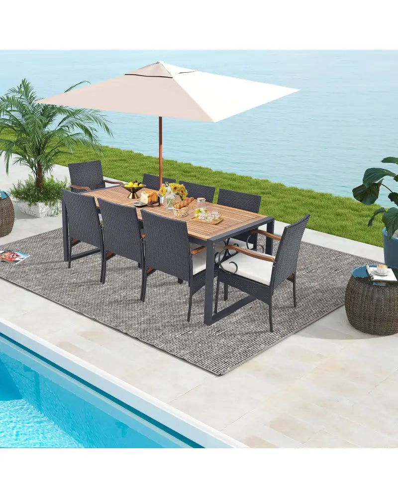9 Pieces Patio Rattan Dining Set with Acacia Wood Table for Backyard Garden-Curved Handrail - Brown - Patio Furniture