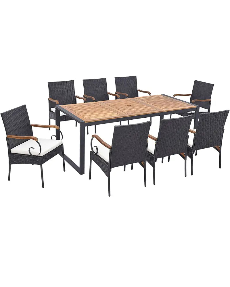 9 Pieces Patio Rattan Dining Set with Acacia Wood Table for Backyard Garden-Curved Handrail - Brown - Patio Furniture