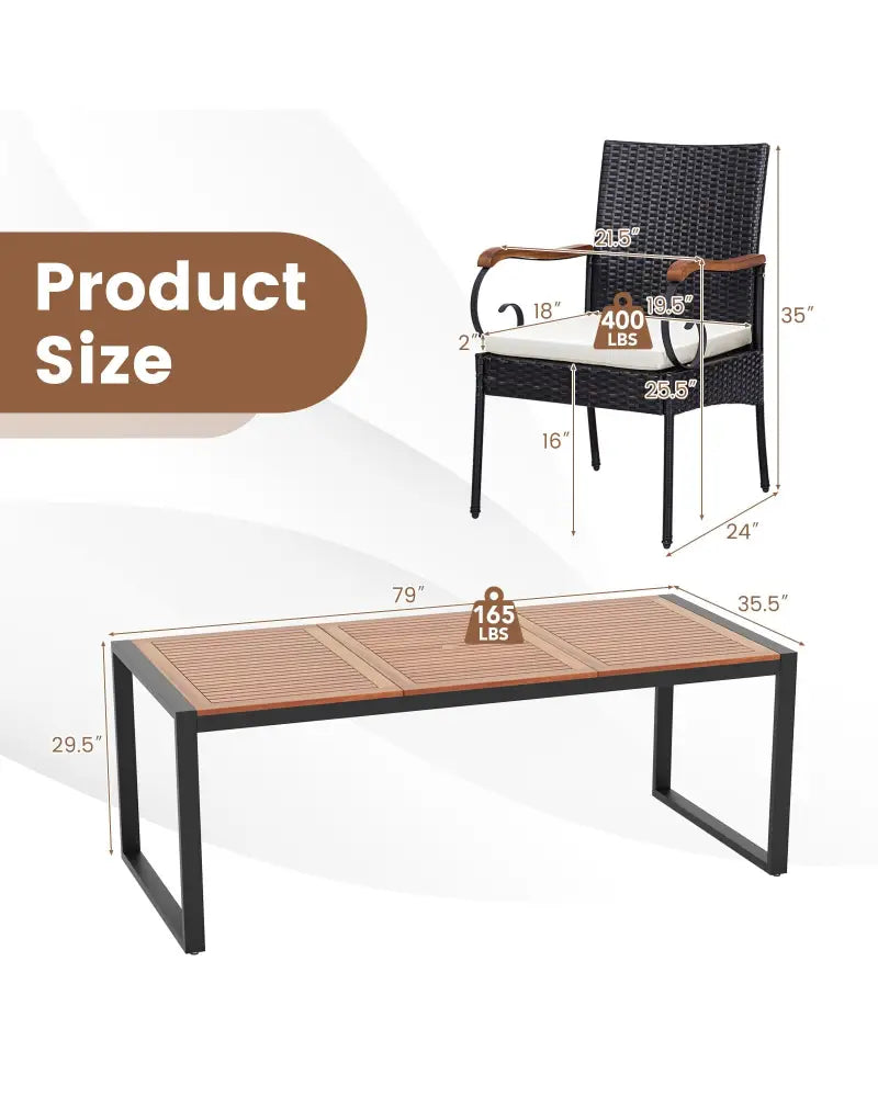 9 Pieces Patio Rattan Dining Set with Acacia Wood Table for Backyard Garden-Curved Handrail - Brown - Patio Furniture