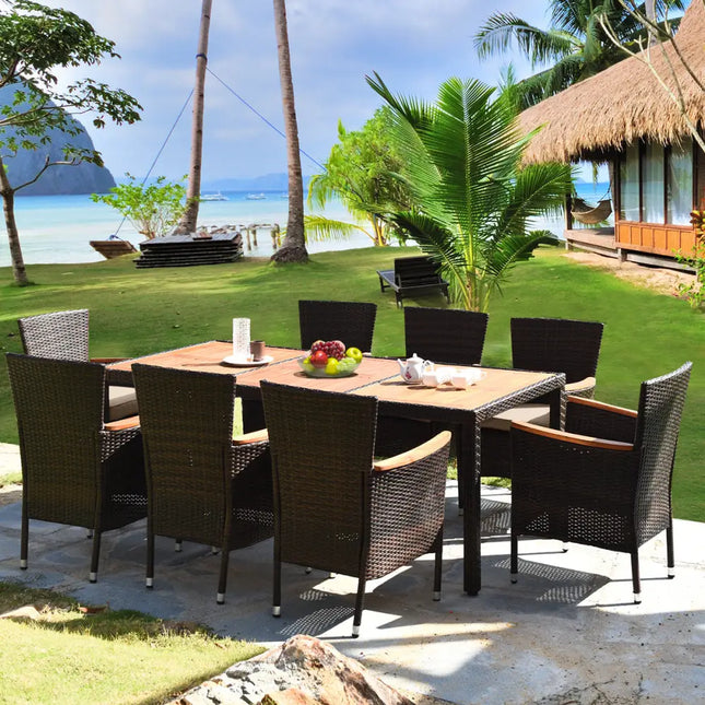 9 Pieces Rattan Dining Set with Acacia Wood Table and Stackable Cushioned Chairs - Patio Dining Sets