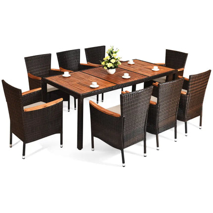 9 Pieces Rattan Dining Set with Acacia Wood Table and Stackable Cushioned Chairs - Patio Dining Sets