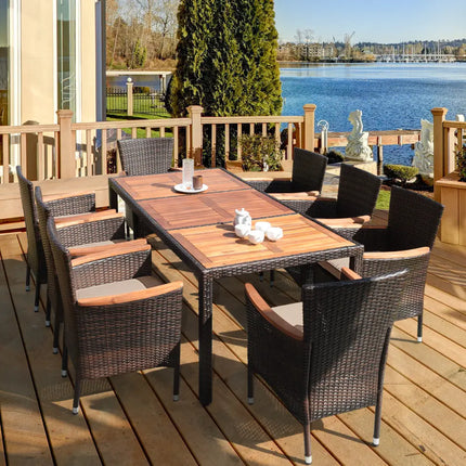 9 Pieces Rattan Dining Set with Acacia Wood Table and Stackable Cushioned Chairs - Patio Dining Sets
