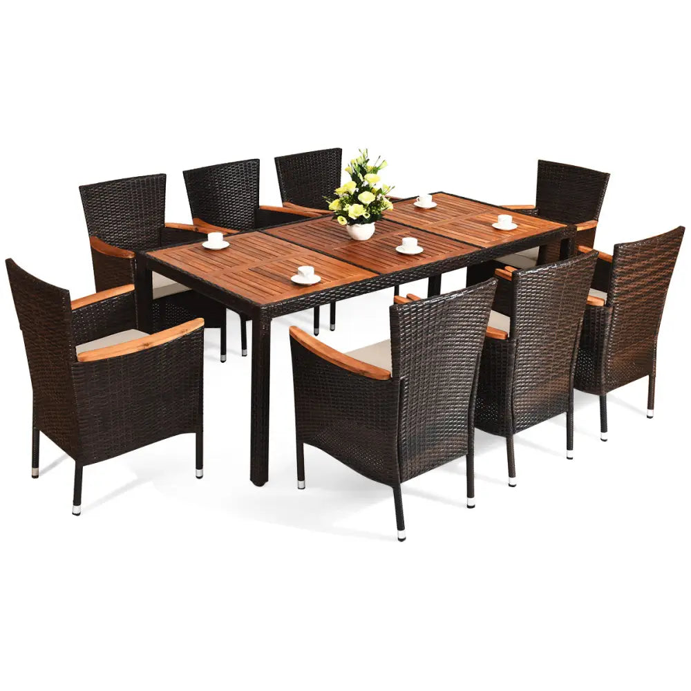 9 Pieces Rattan Dining Set with Acacia Wood Table and Stackable Cushioned Chairs - Patio Dining Sets