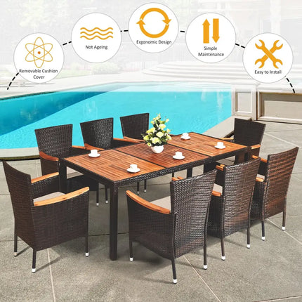 9 Pieces Rattan Dining Set with Acacia Wood Table and Stackable Cushioned Chairs - Patio Dining Sets