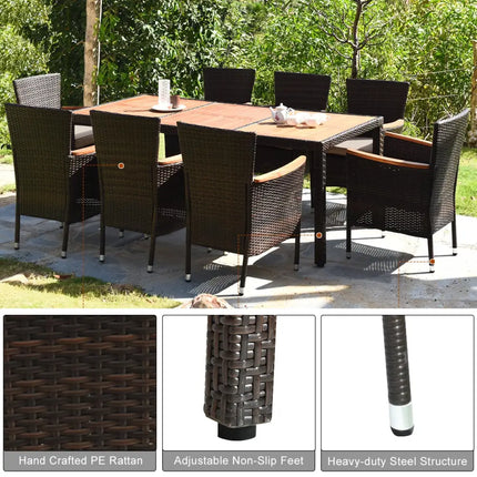 9 Pieces Rattan Dining Set with Acacia Wood Table and Stackable Cushioned Chairs - Patio Dining Sets