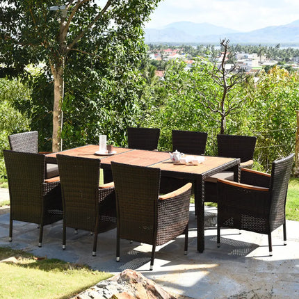 9 Pieces Rattan Dining Set with Acacia Wood Table and Stackable Cushioned Chairs - Patio Dining Sets