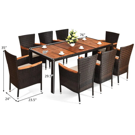 9 Pieces Rattan Dining Set with Acacia Wood Table and Stackable Cushioned Chairs - Patio Dining Sets