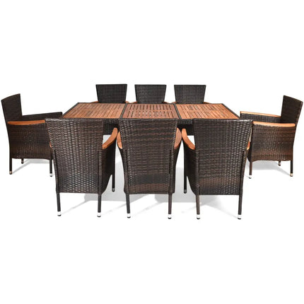 9 Pieces Rattan Dining Set with Acacia Wood Table and Stackable Cushioned Chairs - Patio Dining Sets