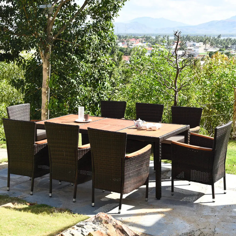 9 Pieces Rattan Dining Set with Acacia Wood Table and Stackable Cushioned Chairs - Patio Dining Sets