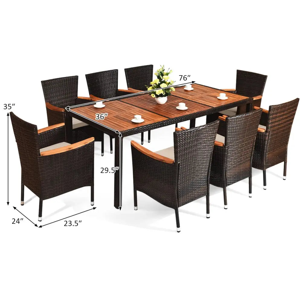9 Pieces Rattan Dining Set with Acacia Wood Table and Stackable Cushioned Chairs - Patio Dining Sets