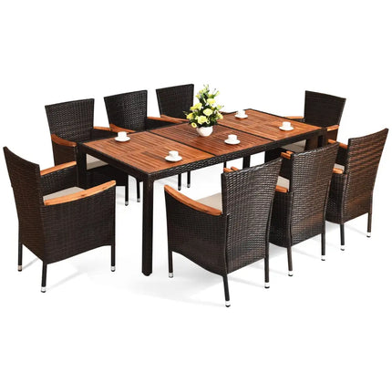 9 Pieces Rattan Dining Set with Acacia Wood Table and Stackable Cushioned Chairs - Patio Dining Sets