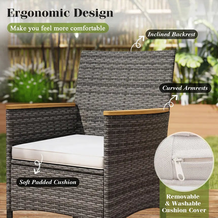9 Pieces Rattan Patio Dining Set with Acacia Wood Table and Cushioned Chair - Gray - Patio Dining Sets