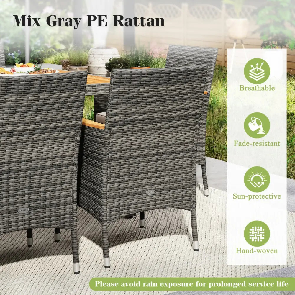 9 Pieces Rattan Patio Dining Set with Acacia Wood Table and Cushioned Chair - Gray - Patio Dining Sets
