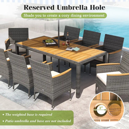 9 Pieces Rattan Patio Dining Set with Acacia Wood Table and Cushioned Chair - Gray - Patio Dining Sets