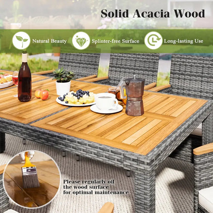9 Pieces Rattan Patio Dining Set with Acacia Wood Table and Cushioned Chair - Gray - Patio Dining Sets