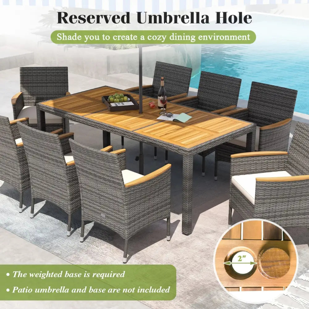 9 Pieces Rattan Patio Dining Set with Acacia Wood Table and Cushioned Chair - Gray - Patio Dining Sets