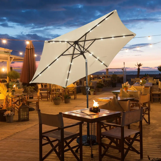9’ Solar LED Lighted Patio Market Umbrella Tilt Adjustment Crank Lift -Beige - Beige - Outdoor Umbrellas