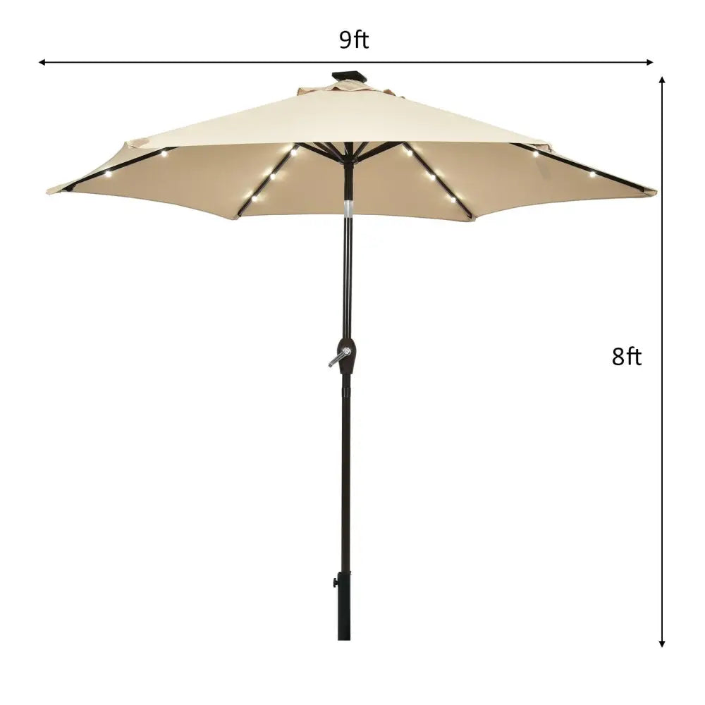 9’ Solar LED Lighted Patio Market Umbrella Tilt Adjustment Crank Lift -Beige - Beige - Outdoor Umbrellas
