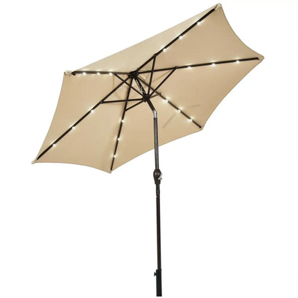 9’ Solar LED Lighted Patio Market Umbrella Tilt Adjustment Crank Lift -Beige - Beige - Outdoor Umbrellas