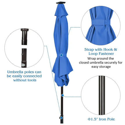 9’ Solar LED Lighted Patio Market Umbrella Tilt Adjustment Crank Lift -Blue - Blue - Outdoor Umbrellas