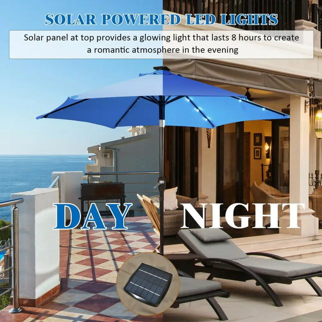 9’ Solar LED Lighted Patio Market Umbrella Tilt Adjustment Crank Lift -Blue - Blue - Outdoor Umbrellas