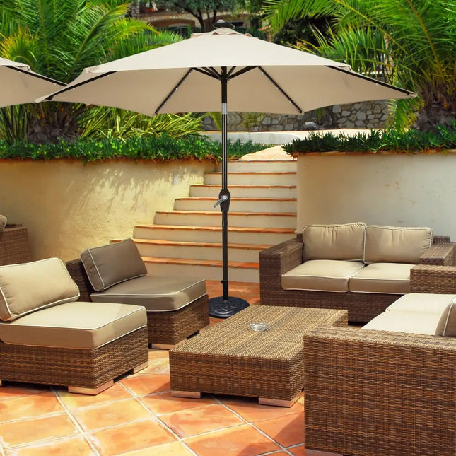 9’ Solar LED Lighted Patio Market Umbrella Tilt Adjustment Crank Lift -Beige - Beige - Outdoor Umbrellas