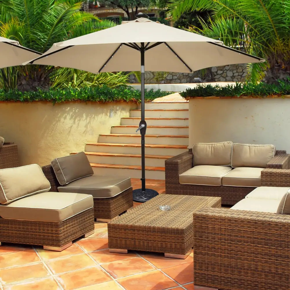 9’ Solar LED Lighted Patio Market Umbrella Tilt Adjustment Crank Lift -Beige - Beige - Outdoor Umbrellas