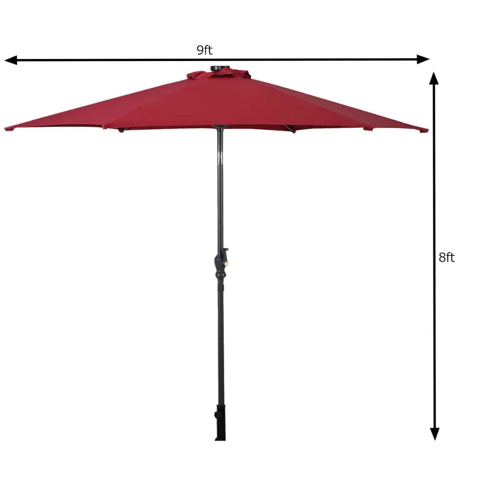 9’ Solar LED Lighted Patio Market Umbrella Tilt Adjustment Crank Lift -Burgundy - Dark Red - Outdoor Umbrellas