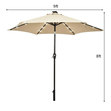 9’ Solar LED Lighted Patio Market Umbrella Tilt Adjustment Crank Lift -Beige - Beige - Outdoor Umbrellas