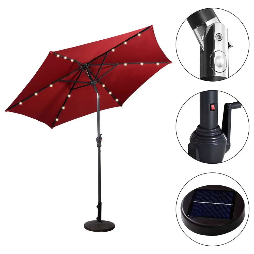 9’ Solar LED Lighted Patio Market Umbrella Tilt Adjustment Crank Lift -Burgundy - Dark Red - Outdoor Umbrellas