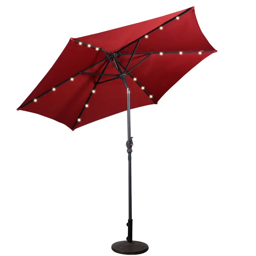 9’ Solar LED Lighted Patio Market Umbrella Tilt Adjustment Crank Lift -Burgundy - Dark Red - Outdoor Umbrellas