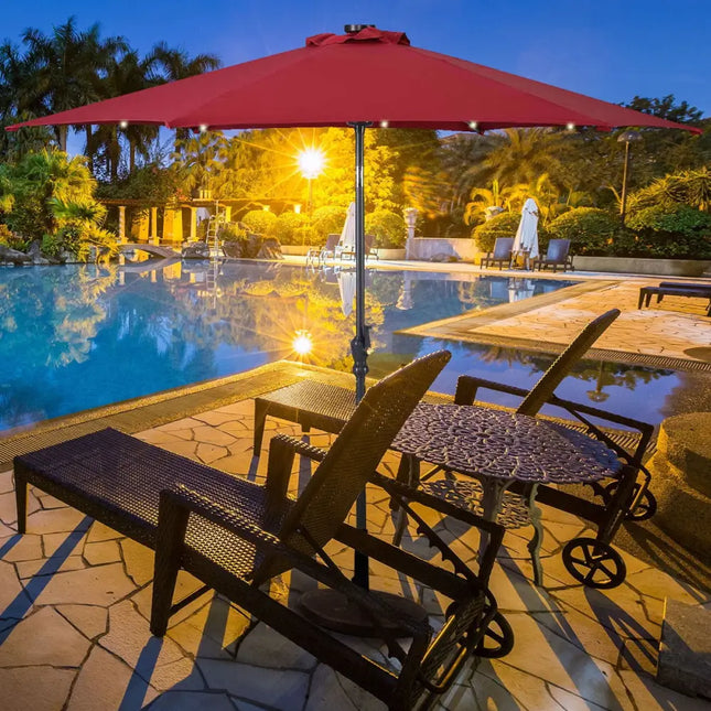 9’ Solar LED Lighted Patio Market Umbrella Tilt Adjustment Crank Lift -Burgundy - Dark Red - Outdoor Umbrellas