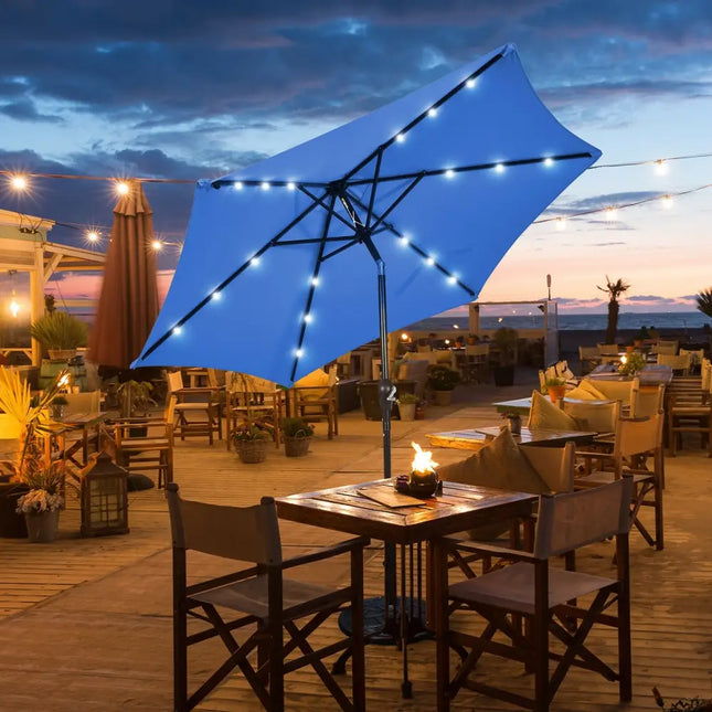 9’ Solar LED Lighted Patio Market Umbrella Tilt Adjustment Crank Lift -Blue - Blue - Outdoor Umbrellas