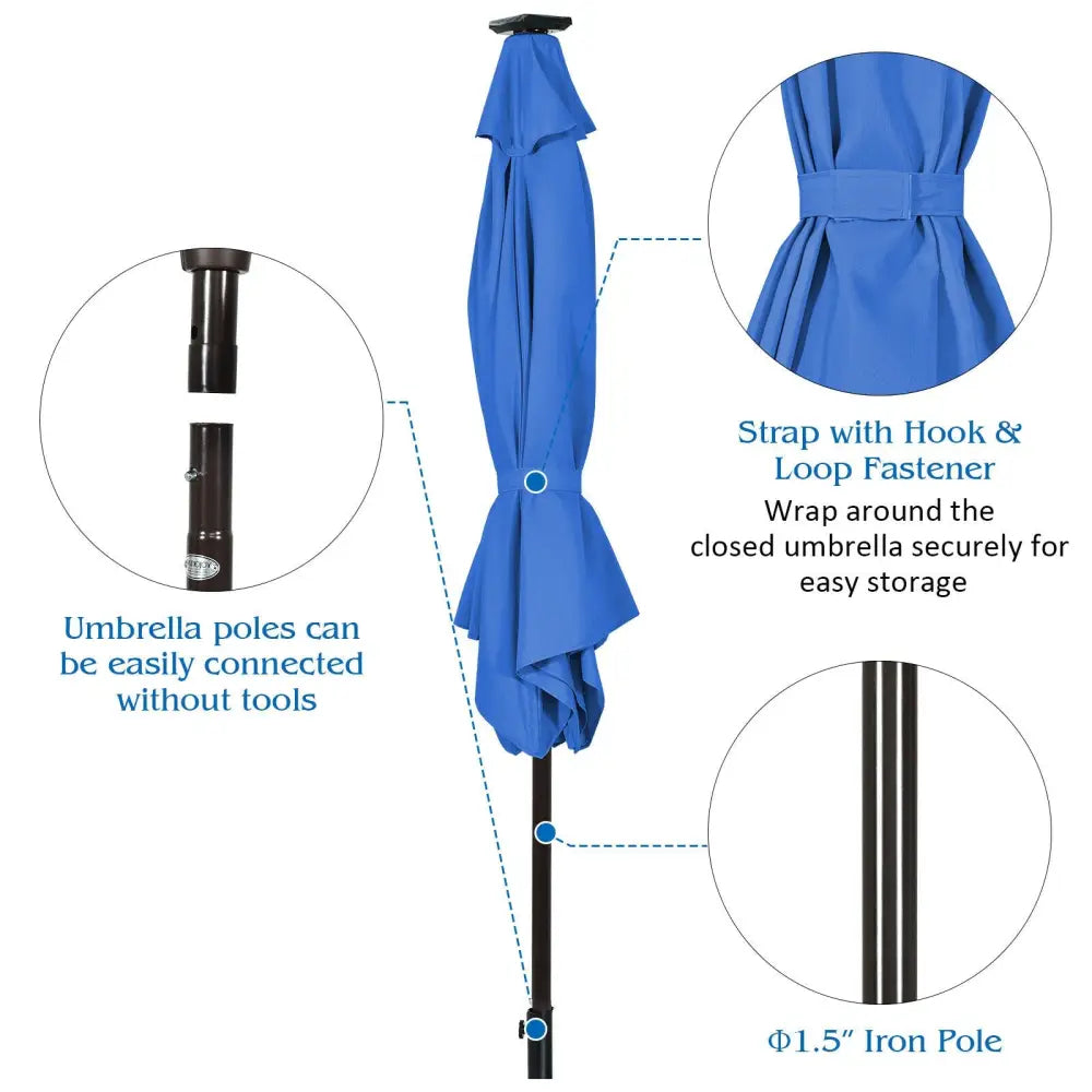 9’ Solar LED Lighted Patio Market Umbrella Tilt Adjustment Crank Lift -Blue - Blue - Outdoor Umbrellas