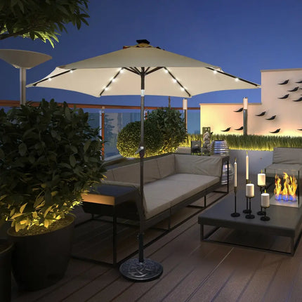 9’ Solar LED Lighted Patio Market Umbrella Tilt Adjustment Crank Lift -Beige - Beige - Outdoor Umbrellas
