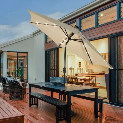 9’ Solar LED Lighted Patio Market Umbrella Tilt Adjustment Crank Lift -Beige - Beige - Outdoor Umbrellas