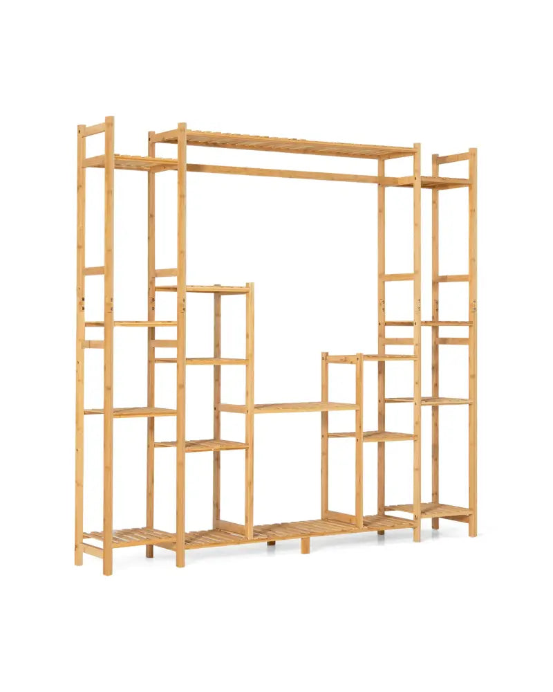 9-Tier Bamboo Plant Stand with Hanging Rack - Natural - Plant Stands