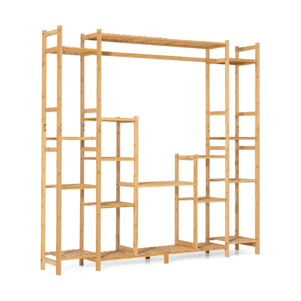 9-Tier Bamboo Plant Stand with Hanging Rack - Natural - Plant Stands