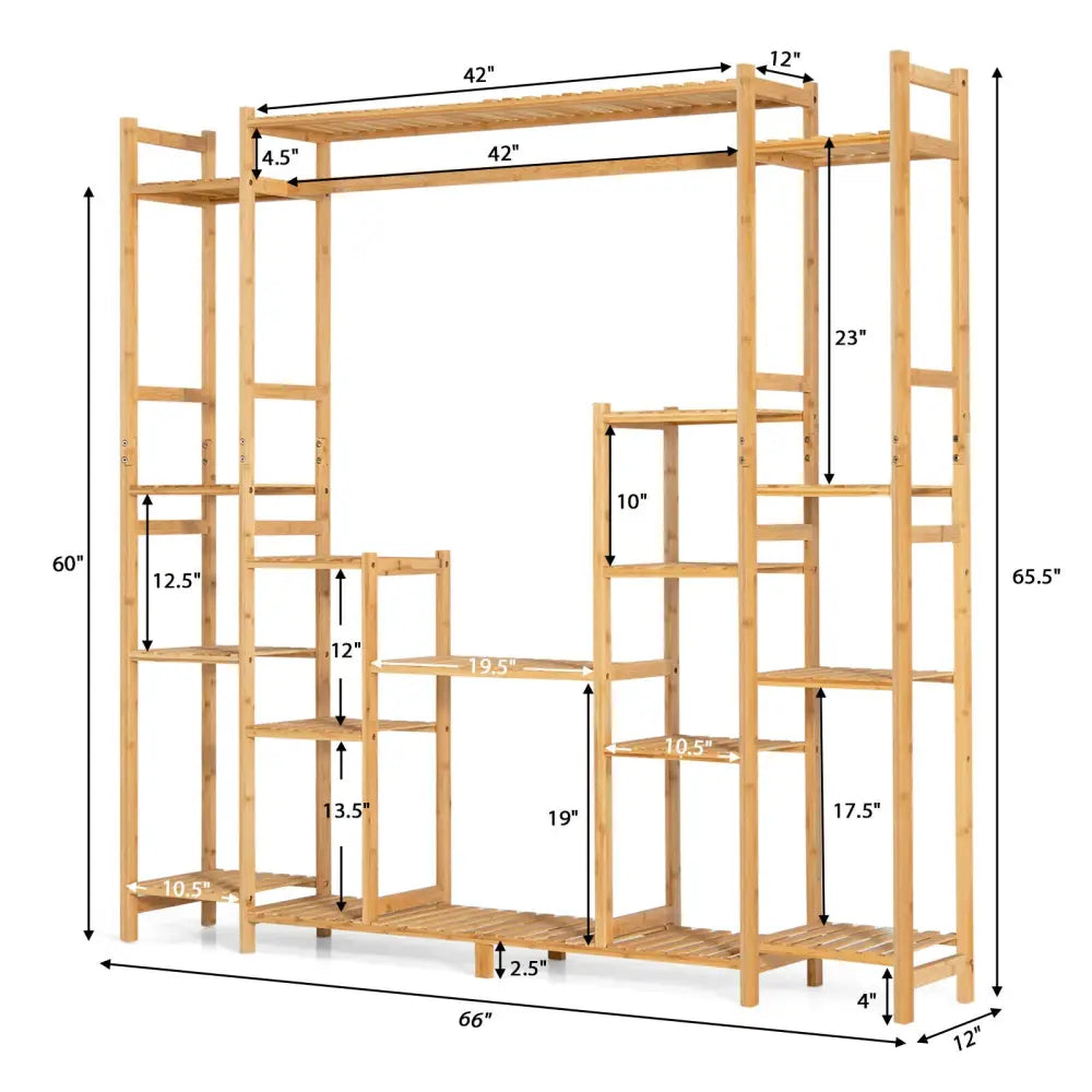 9-Tier Bamboo Plant Stand with Hanging Rack - Natural - Plant Stands