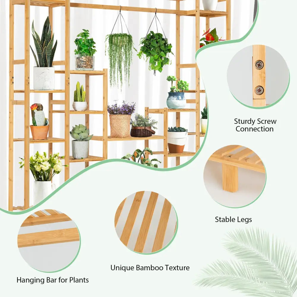 9-Tier Bamboo Plant Stand with Hanging Rack - Natural - Plant Stands