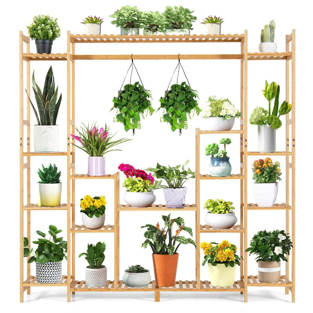 9-Tier Bamboo Plant Stand with Hanging Rack - Natural - Plant Stands